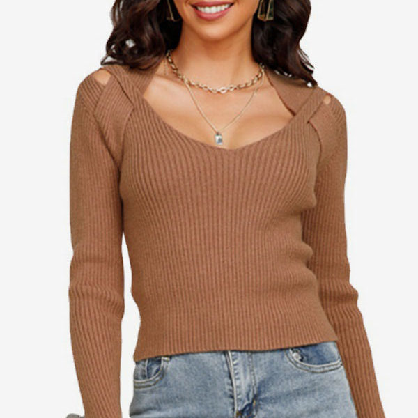 Coffee Brown V-Neck Long Sleeves Stretch Polyester Sweaters - Image 4