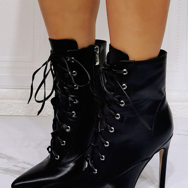Boots Black PU Leather Pointed Toe Stiletto Heel High-Tops Lace Up Booties - Image 2