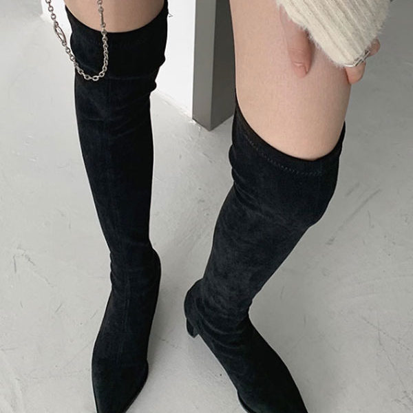 Chunky Heel Micro Suede Upper Thigh High Boots - Image 3