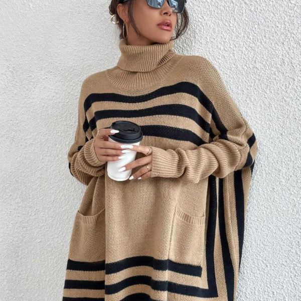 Khaki Two-Tone High Collar Long Sleeves Oversized Sweaters - Image 4