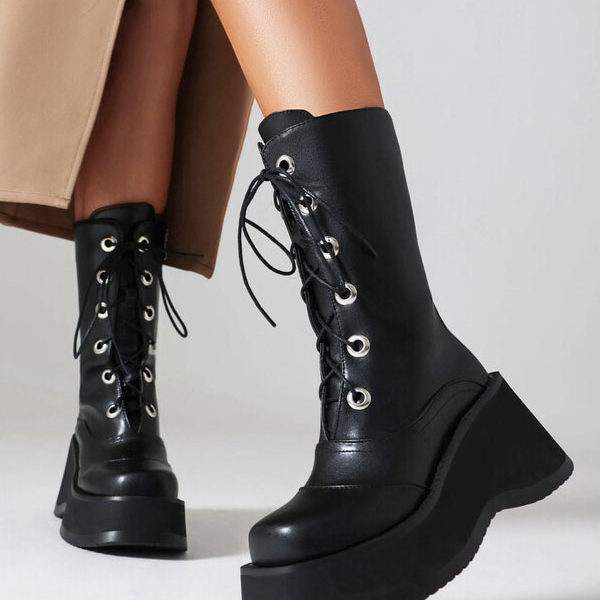 Mid Calf PU Leather Round Toe Heelless Boots - Image 4
