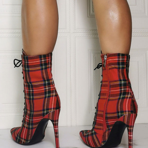 Ankle Red Canvas Pointed Toe Stiletto Heel Sky High Houndstooth Boots - Image 4