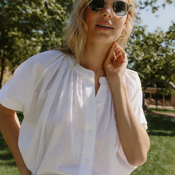 Short Sleeves Pink Pleated Buttons Jewel Neck Cotton Tee Shirt - Image 5