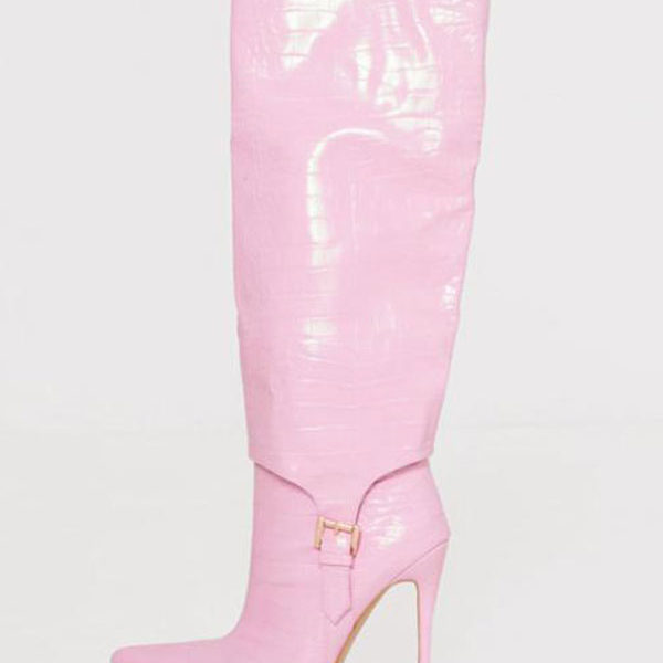 Buckle Croc Print Knee High Boots Stiletto Heels Pink - Image 3