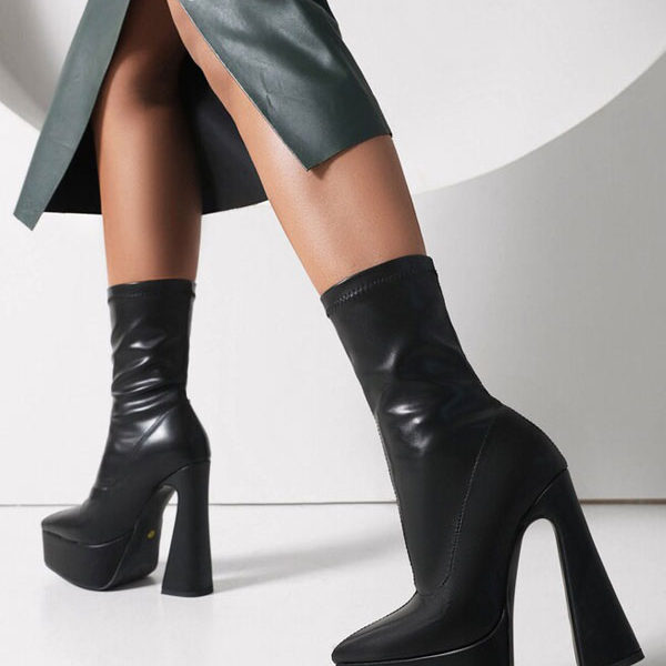 Ankle Black Platform Pointed Toe Chunky Heel Booties - Image 4