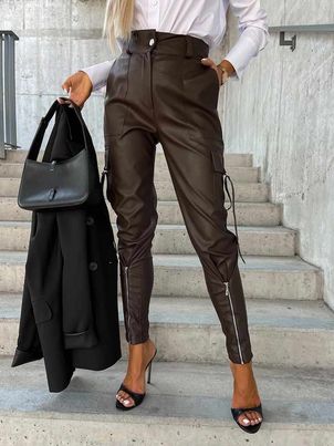 Pants Buttons PU Leather Raised Waist Trousers