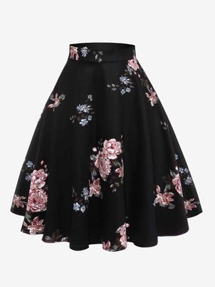 Black Printed Short Raised Waist Layered Vintage Skirt For Women