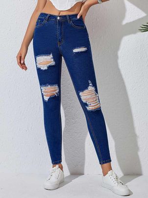 Woman's Jeans Fashion Distressed Skinny Cotton Bottoms