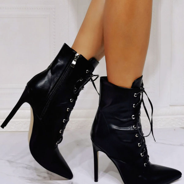 Boots Black PU Leather Pointed Toe Stiletto Heel High-Tops Lace Up Booties - Image 6