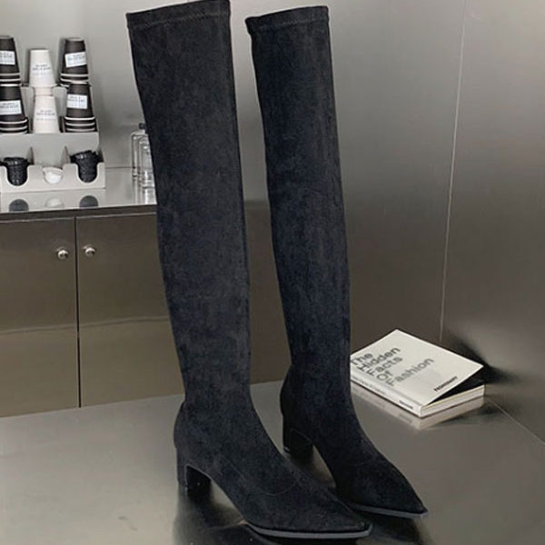 Chunky Heel Micro Suede Upper Thigh High Boots - Image 2