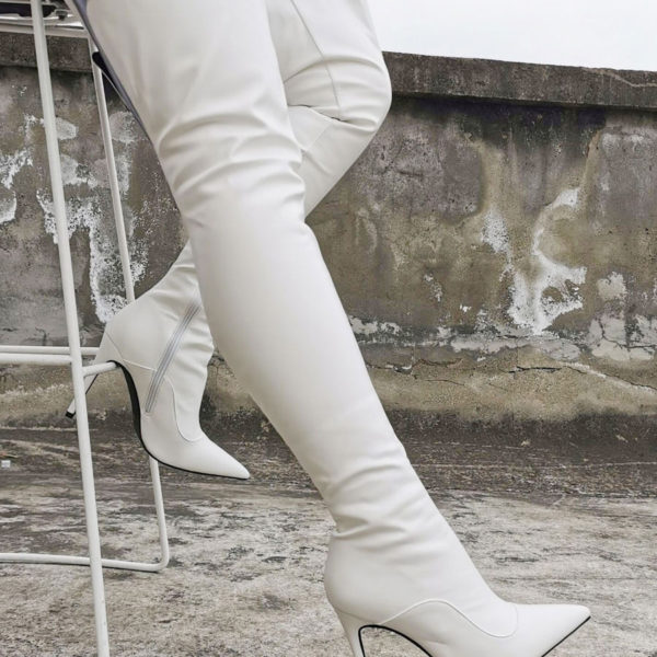 White Thigh High Solid Color Pointed Toe Stiletto Heel Over The Knee Boots - Image 2
