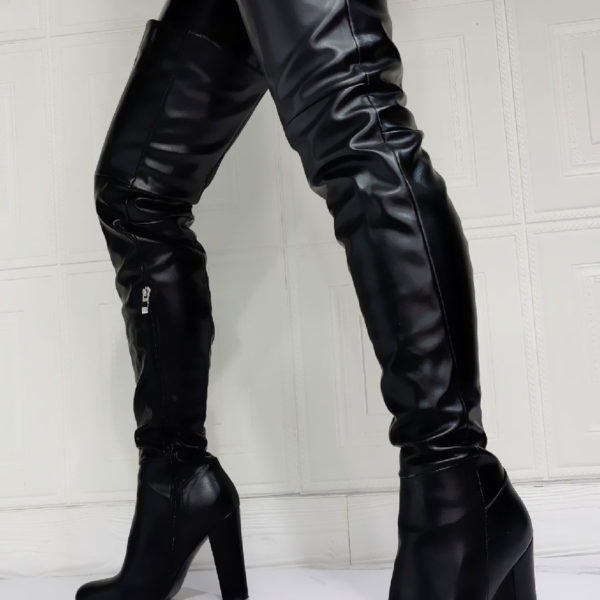 Black Thigh High PU Leather Sky High Chunky Heel Over The Knee Boots - Image 3