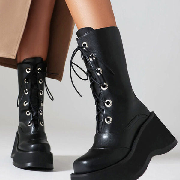 Mid Calf PU Leather Round Toe Heelless Boots - Image 3
