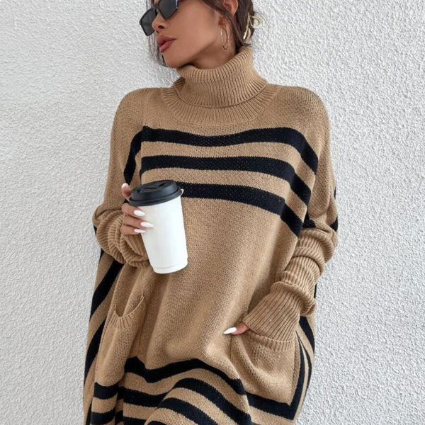 Khaki Two-Tone High Collar Long Sleeves Oversized Sweaters - Image 3