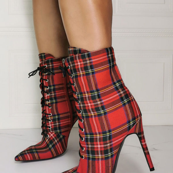 Ankle Red Canvas Pointed Toe Stiletto Heel Sky High Houndstooth Boots - Image 3