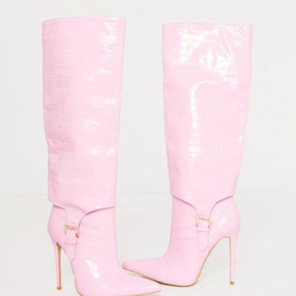 Buckle Croc Print Knee High Boots Stiletto Heels Pink - Image 2