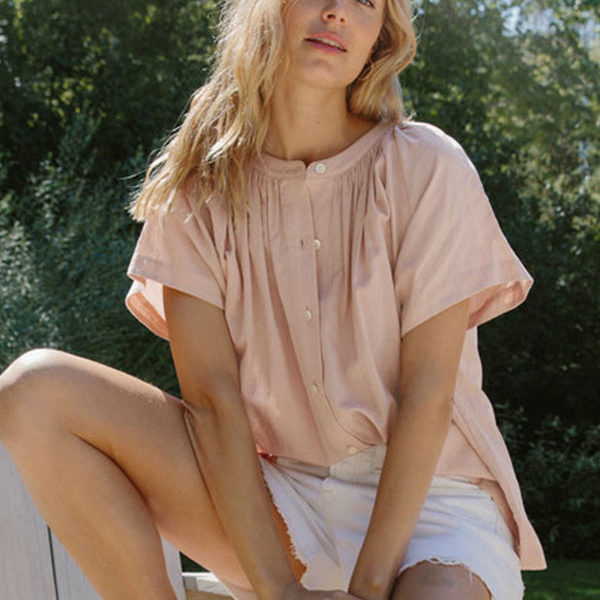 Short Sleeves Pink Pleated Buttons Jewel Neck Cotton Tee Shirt - Image 4