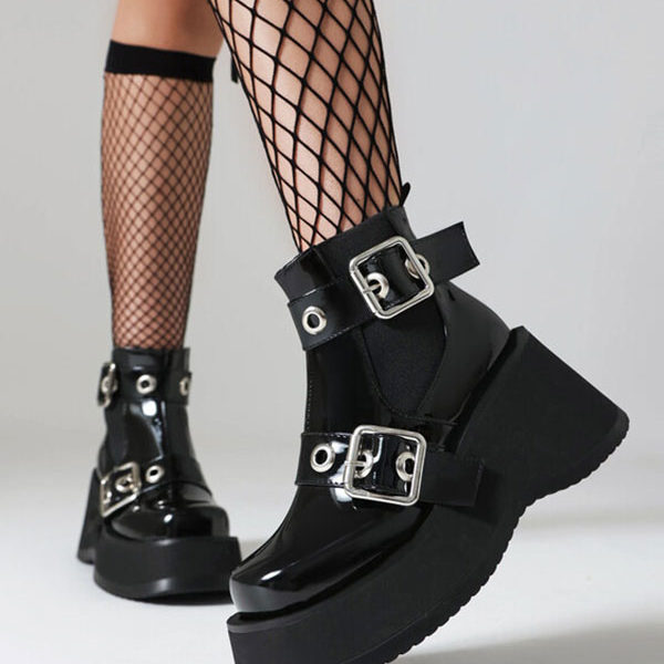 Patent PU Upper Round Toe Heelless Ankle Boots - Image 3