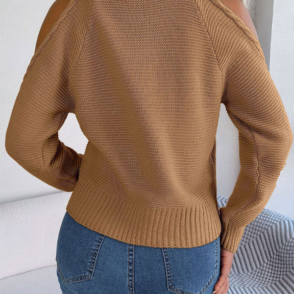 Cut Out High Collar Long Sleeves Open Shoulder Acrylic Pullovers - Image 5