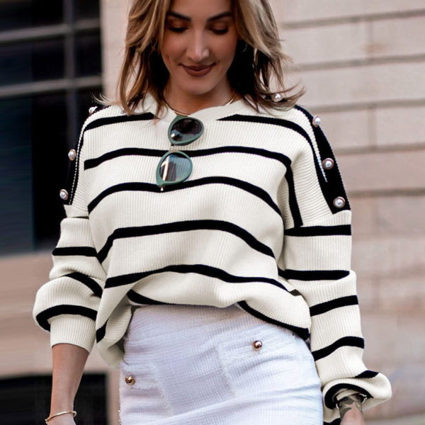 White Stripes Jewel Neck Long Sleeves Acrylic Sweaters