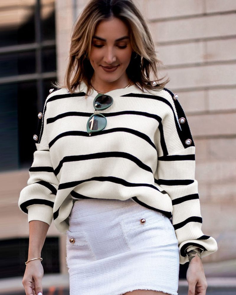 White Stripes Jewel Neck Long Sleeves Acrylic Sweaters