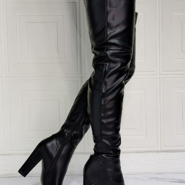 Black Thigh High PU Leather Sky High Chunky Heel Over The Knee Boots - Image 2