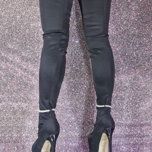 Over The Knee Round Toe Stiletto Heel Elastic Fabric Boots - Image 5