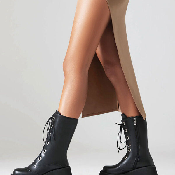 Mid Calf PU Leather Round Toe Heelless Boots - Image 2