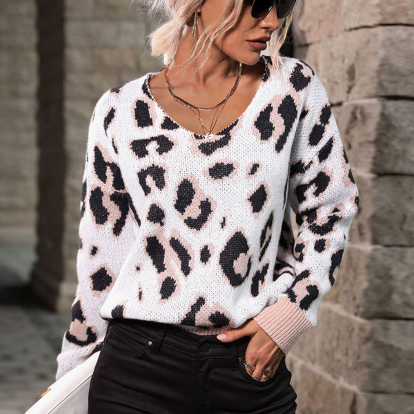 Black White Leopard Print V-Neck Long Sleeves Sweaters