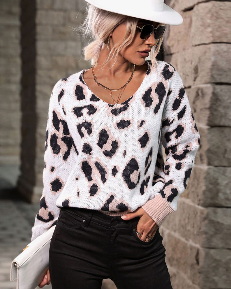 Black White Leopard Print V-Neck Long Sleeves Sweaters