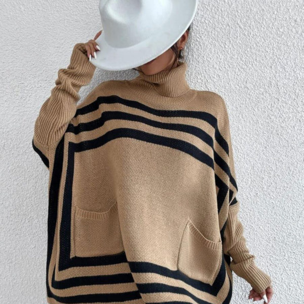 Khaki Two-Tone High Collar Long Sleeves Oversized Sweaters - Image 2