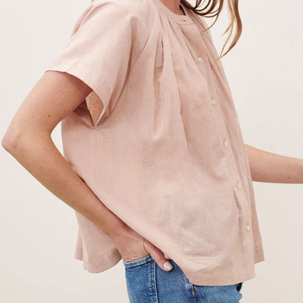 Short Sleeves Pink Pleated Buttons Jewel Neck Cotton Tee Shirt - Image 3