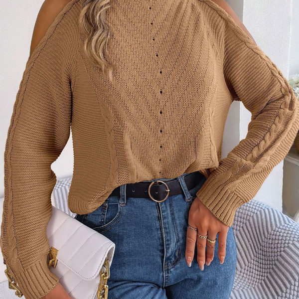 Cut Out High Collar Long Sleeves Open Shoulder Acrylic Pullovers - Image 4