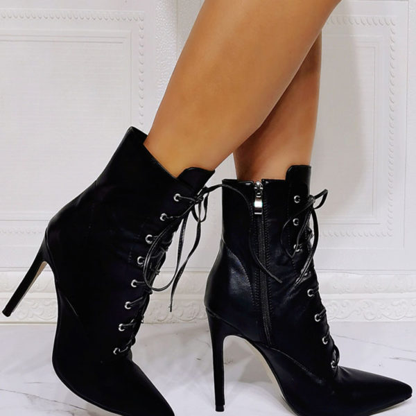 Boots Black PU Leather Pointed Toe Stiletto Heel High-Tops Lace Up Booties - Image 5
