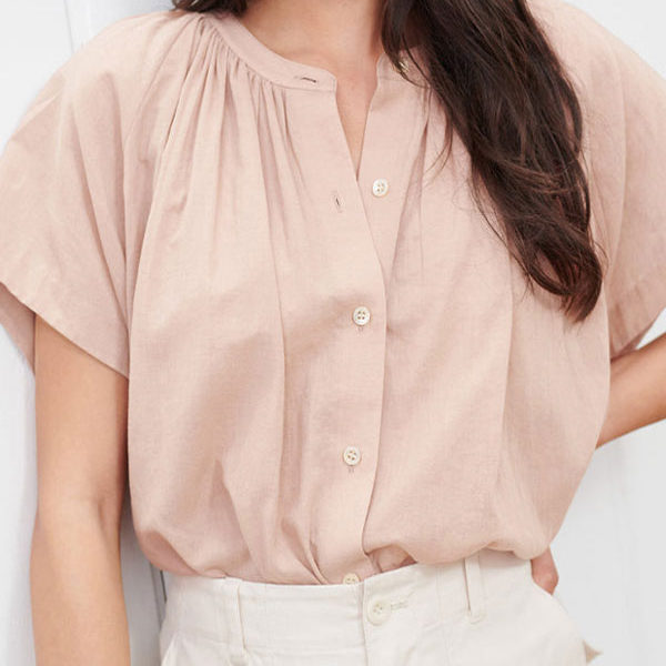 Short Sleeves Pink Pleated Buttons Jewel Neck Cotton Tee Shirt - Image 7