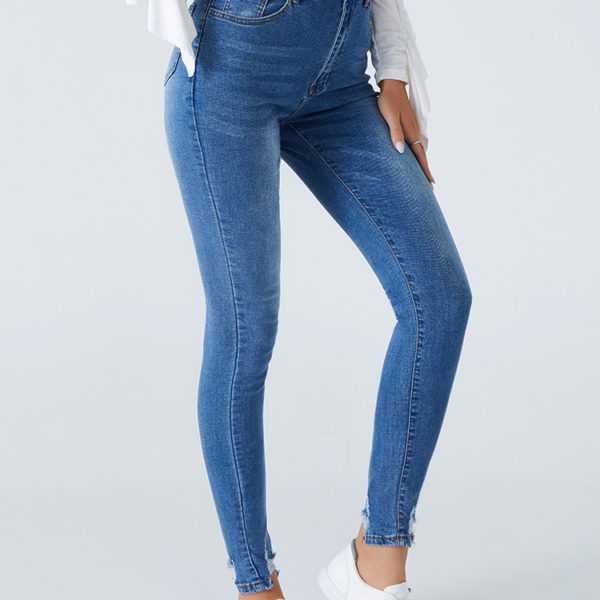 Women Blue Jeans Split Front Asymmetrical Raised Waist Tapered Fit Skinny Denim Trousers