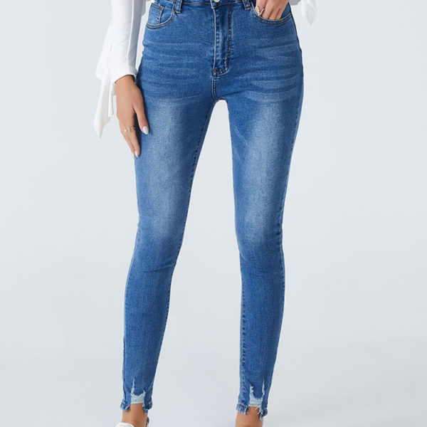 Women Blue Jeans Split Front Asymmetrical Raised Waist Tapered Fit Skinny Denim Trousers