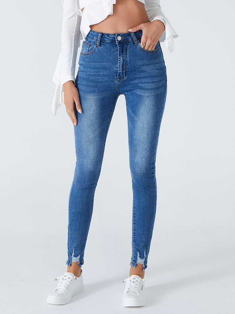 Women Blue Jeans Split Front Asymmetrical Raised Waist Tapered Fit Skinny Denim Trousers