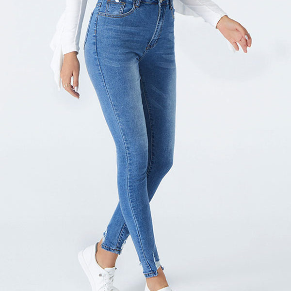 Women Blue Jeans Split Front Asymmetrical Raised Waist Tapered Fit Skinny Denim Trousers