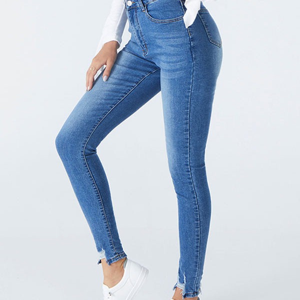 Women Blue Jeans Split Front Asymmetrical Raised Waist Tapered Fit Skinny Denim Trousers