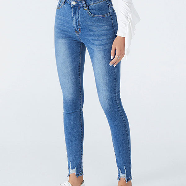 Women Blue Jeans Split Front Asymmetrical Raised Waist Tapered Fit Skinny Denim Trousers