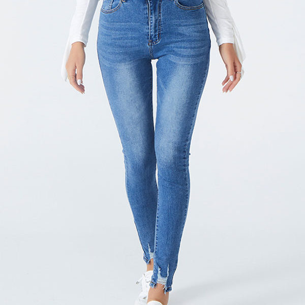 Women Blue Jeans Split Front Asymmetrical Raised Waist Tapered Fit Skinny Denim Trousers