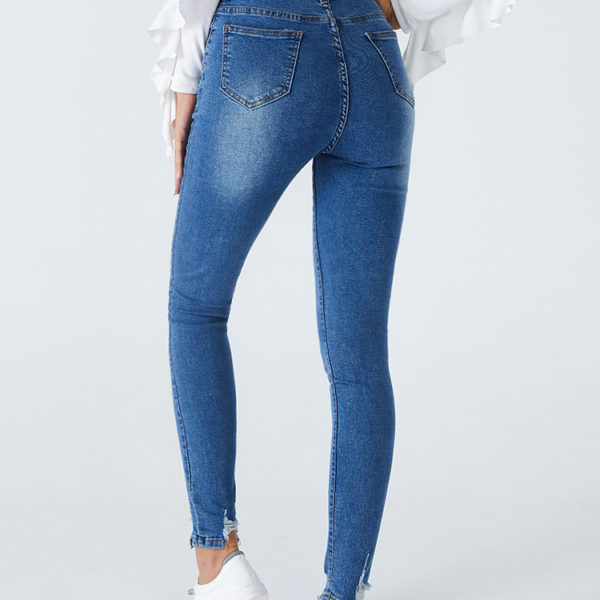 Women Blue Jeans Split Front Asymmetrical Raised Waist Tapered Fit Skinny Denim Trousers