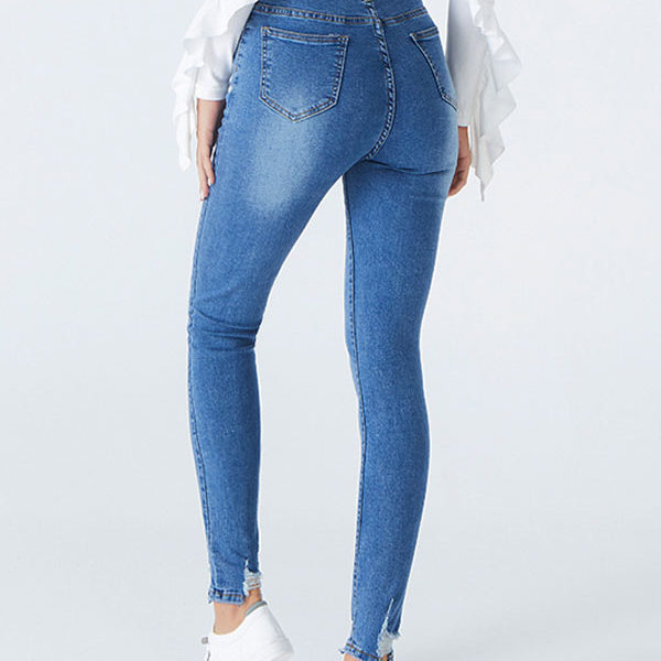 Women Blue Jeans Split Front Asymmetrical Raised Waist Tapered Fit Skinny Denim Trousers