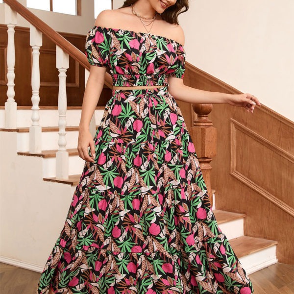 Skirt Set Black Floral Print Beach Casual Two Piece Sets