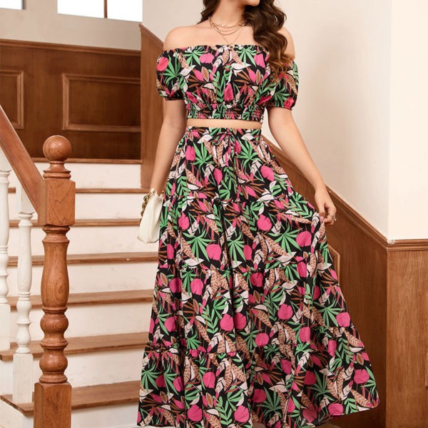 Skirt Set Black Floral Print Beach Casual Two Piece Sets