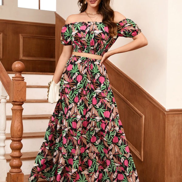 Skirt Set Black Floral Print Beach Casual Two Piece Sets