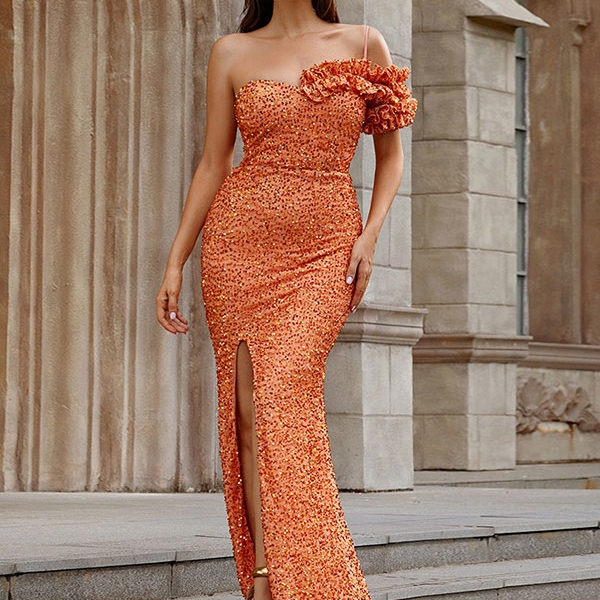 Party Dresses Orange Red One-Shoulder Pleated Short Sleeves High-slit Semi Formal Dress