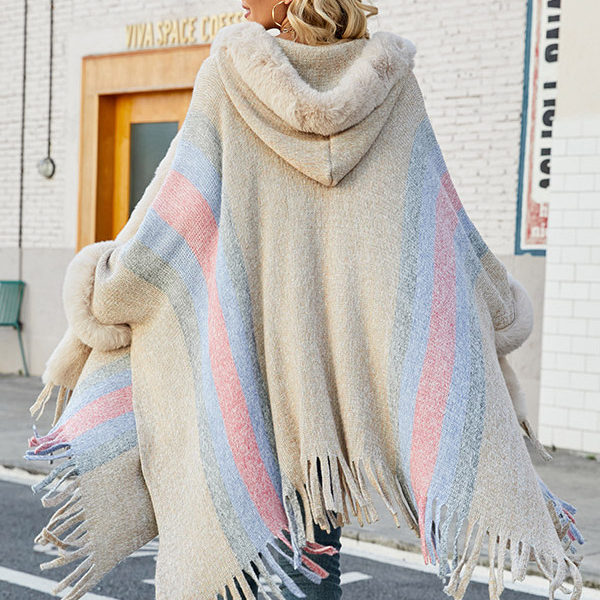 Women Poncho Hooded Stripes Tassel Trim Oversized Fall Winter Cape - Image 2