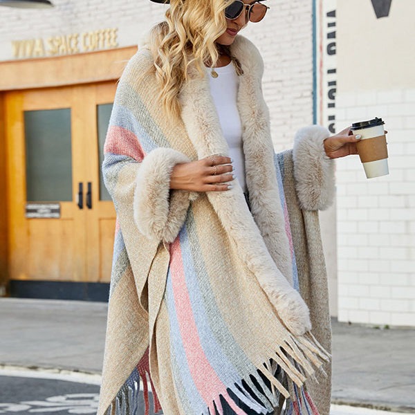 Women Poncho Hooded Stripes Tassel Trim Oversized Fall Winter Cape - Image 3